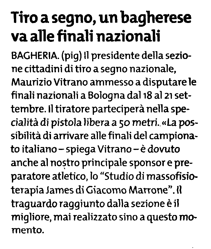 Ritaglio stampa: Tiro a segno, un bagherese va alle finali nazionali